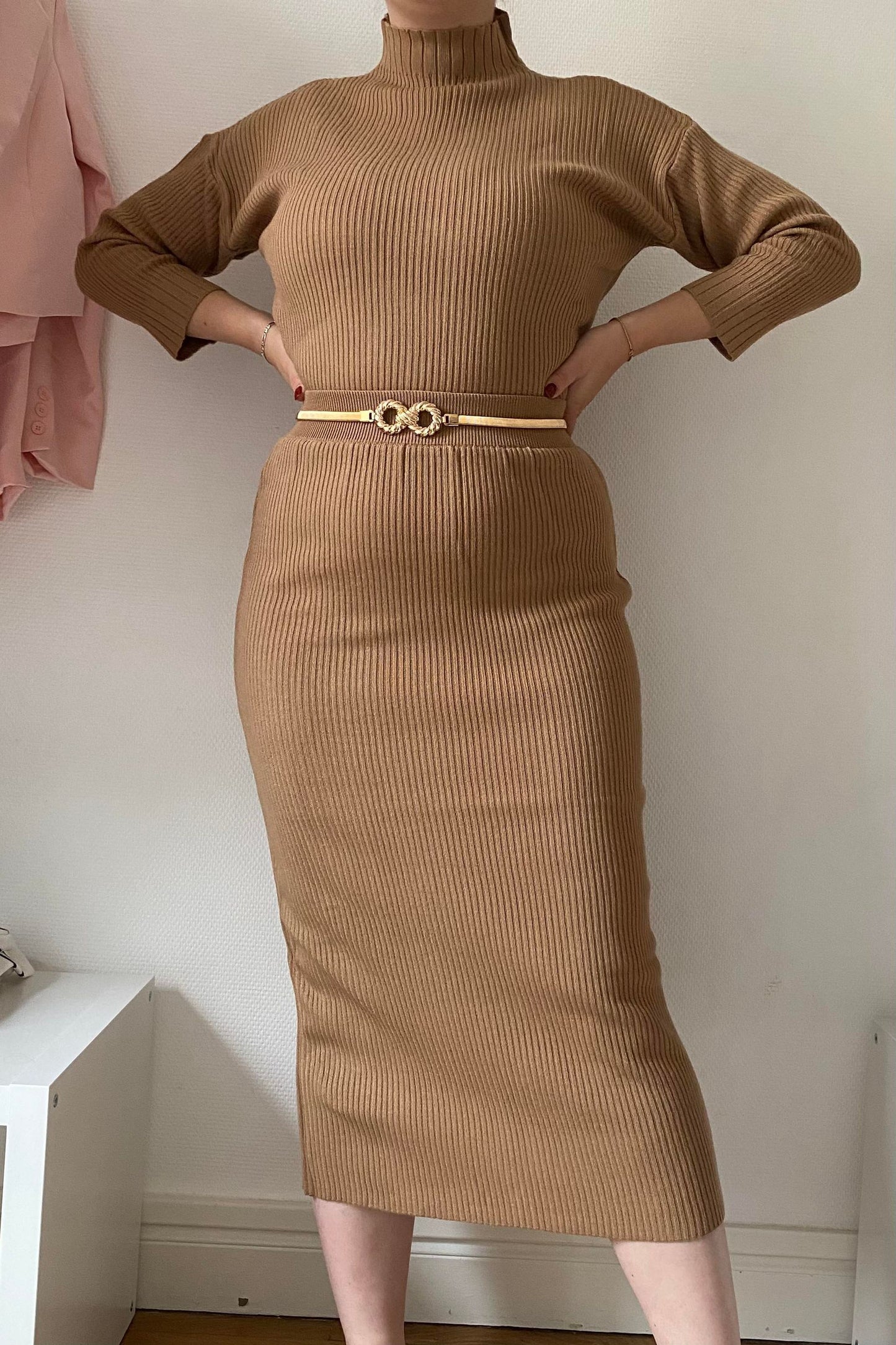 JUPE COTELEE - EFFET PULL - MARRON