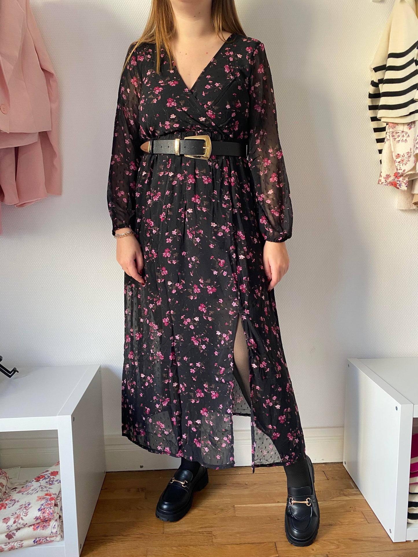 ROBE LONGUE A PLUMETTIS - NOIR & ROSE