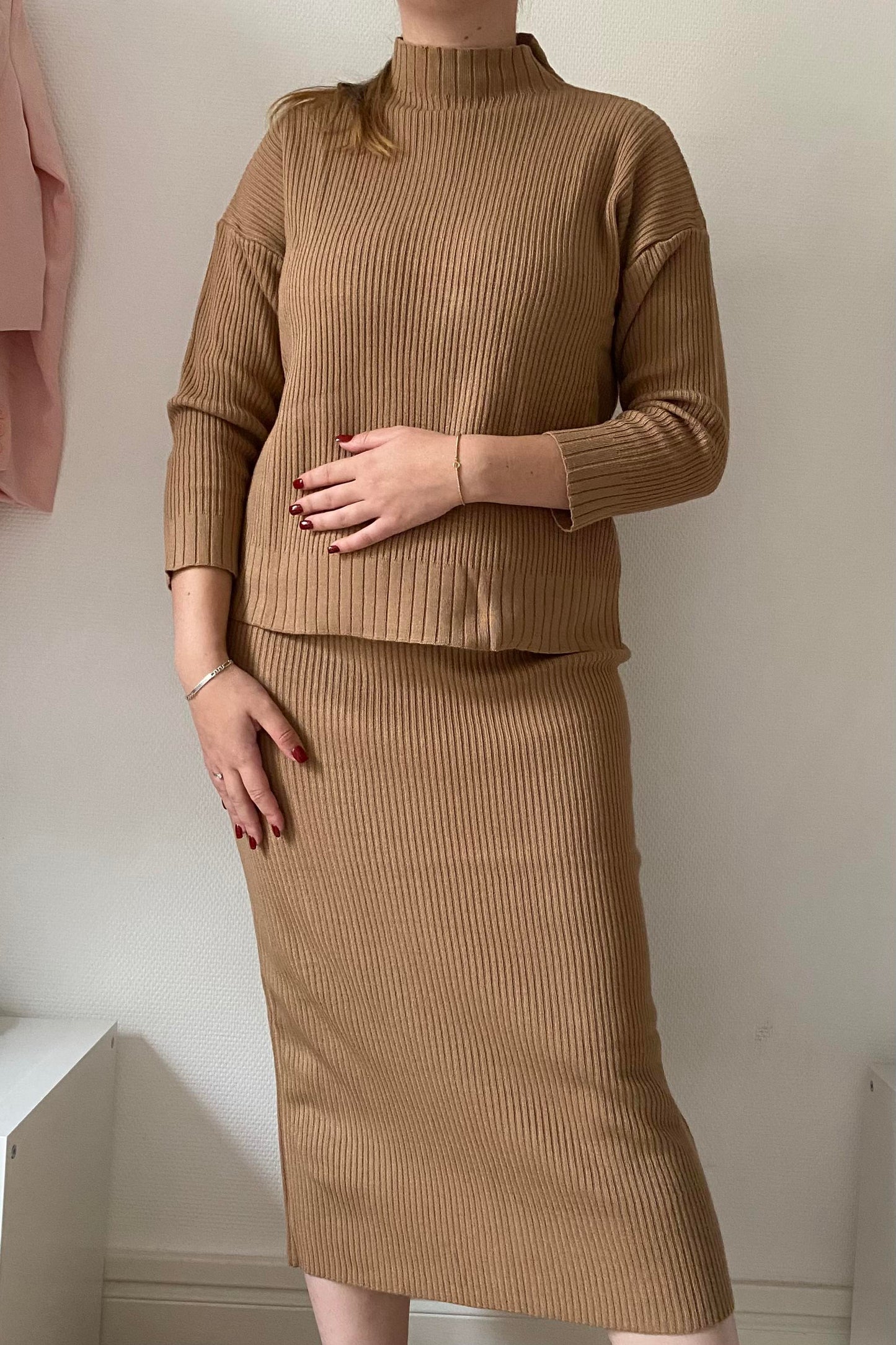 JUPE COTELEE - EFFET PULL - MARRON