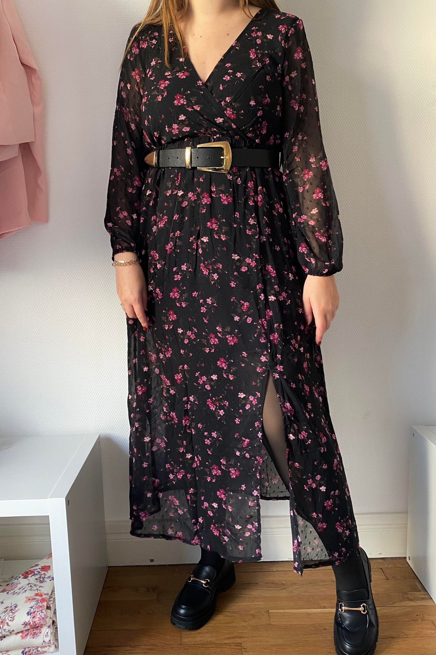 ROBE LONGUE A PLUMETTIS - NOIR & ROSE