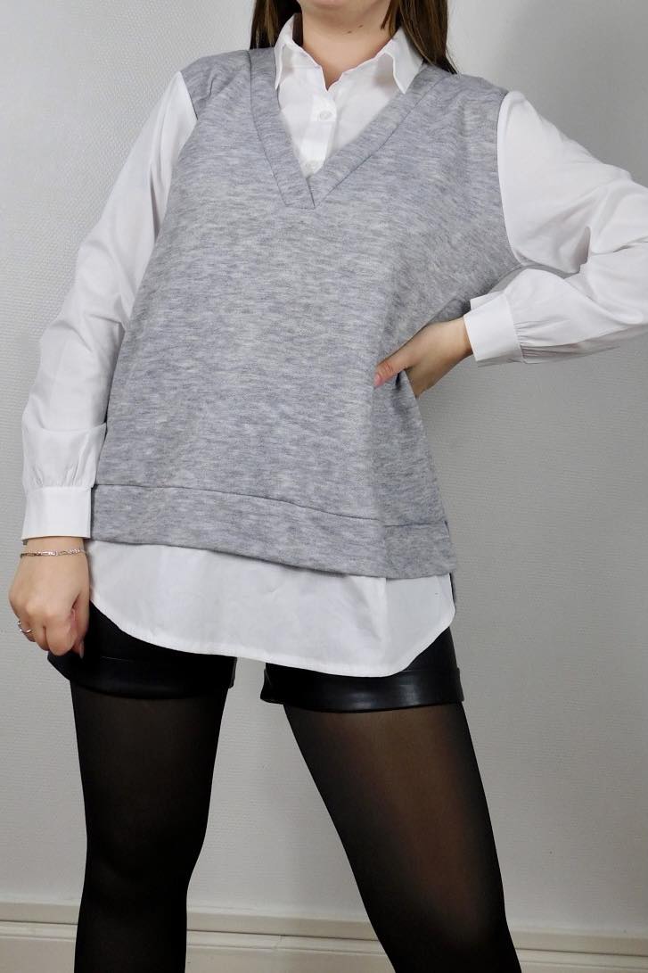 PULL BRODE CHEMISE - GRIS