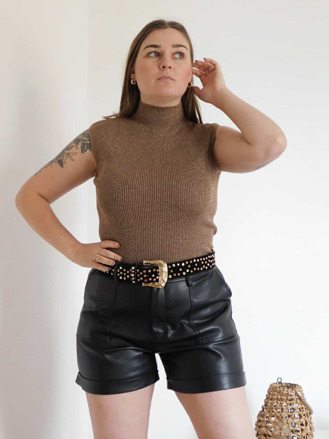 PULL COL ROULE SANS MANCHES - MARRON