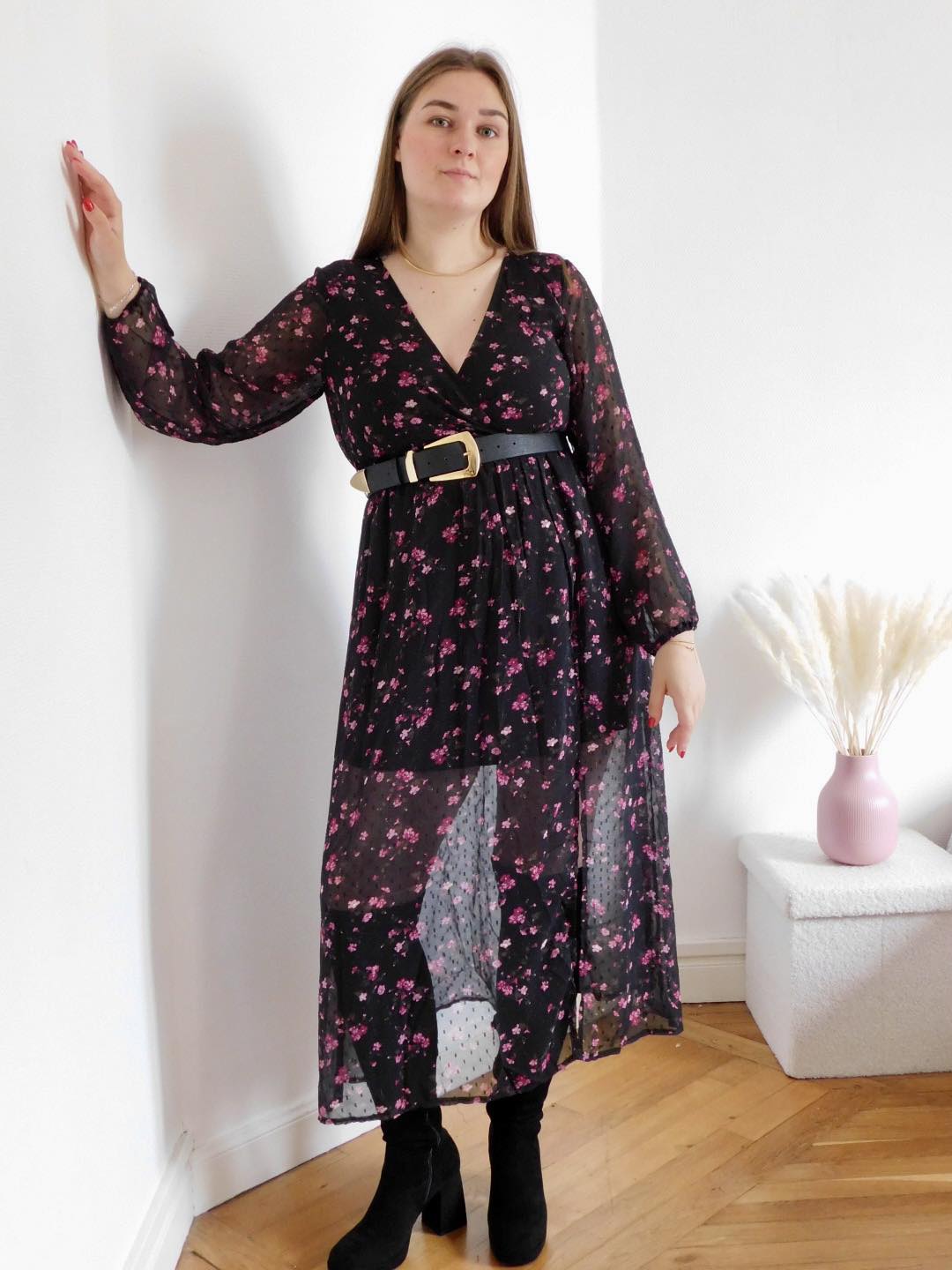 ROBE LONGUE A PLUMETTIS - NOIR & ROSE