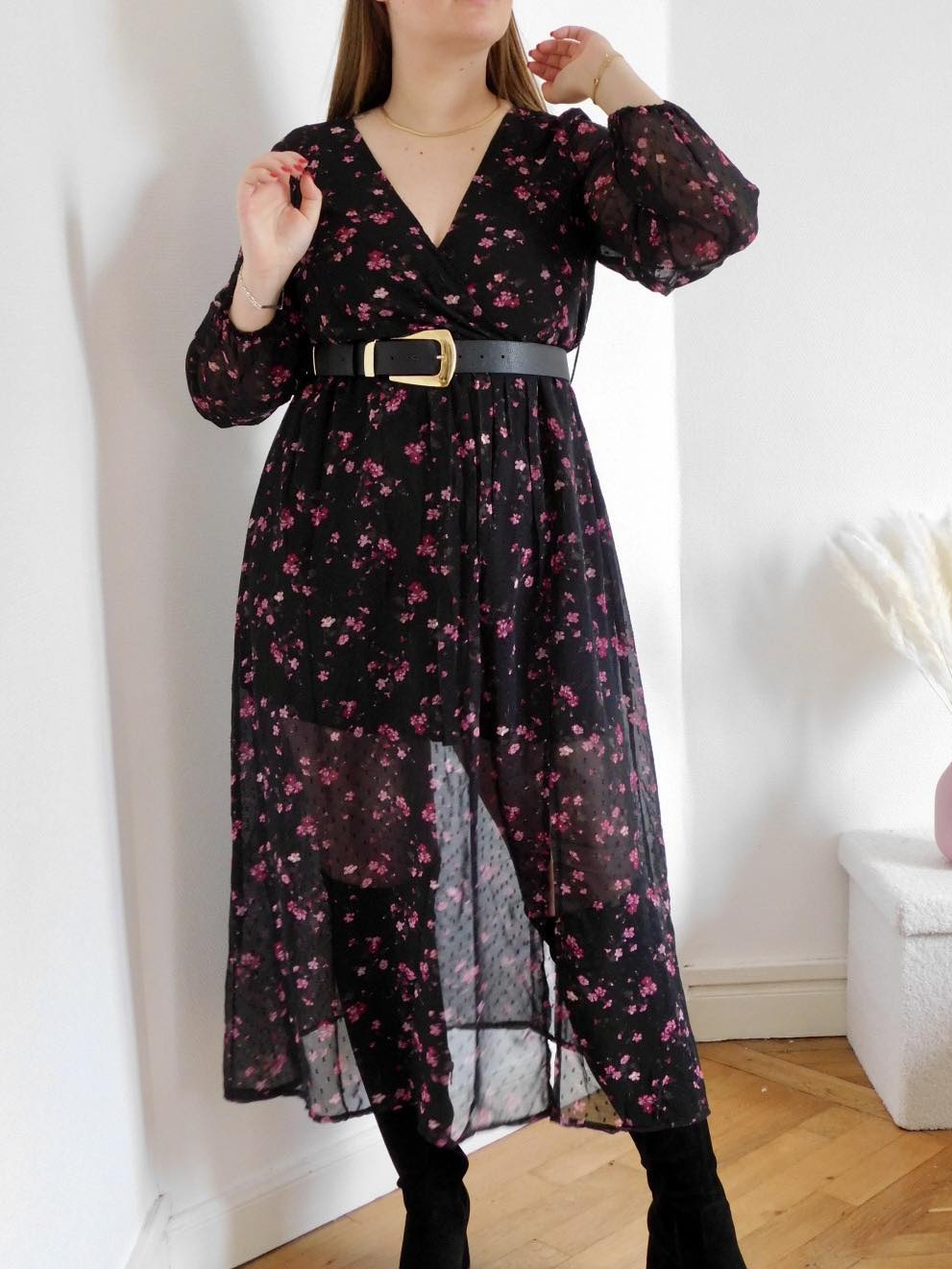 ROBE LONGUE A PLUMETTIS - NOIR & ROSE