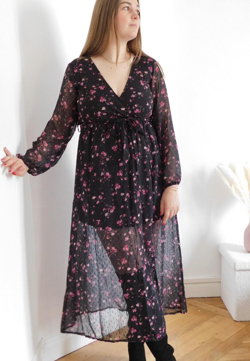 ROBE LONGUE A PLUMETTIS - NOIR & ROSE