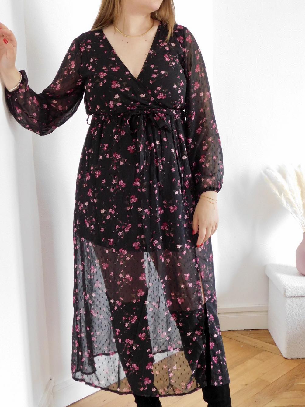 ROBE LONGUE A PLUMETTIS - NOIR & ROSE