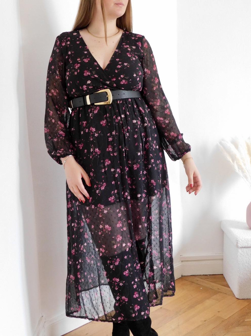 ROBE LONGUE A PLUMETTIS - NOIR & ROSE