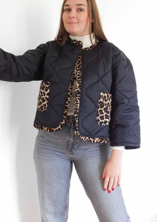 VESTE LEOPARD MATELASSEE - NOIR