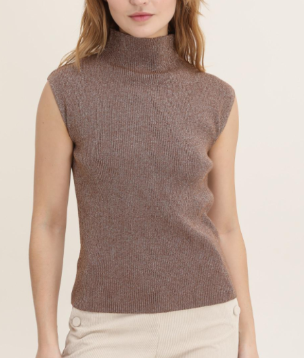 PULL COL ROULE SANS MANCHES - MARRON